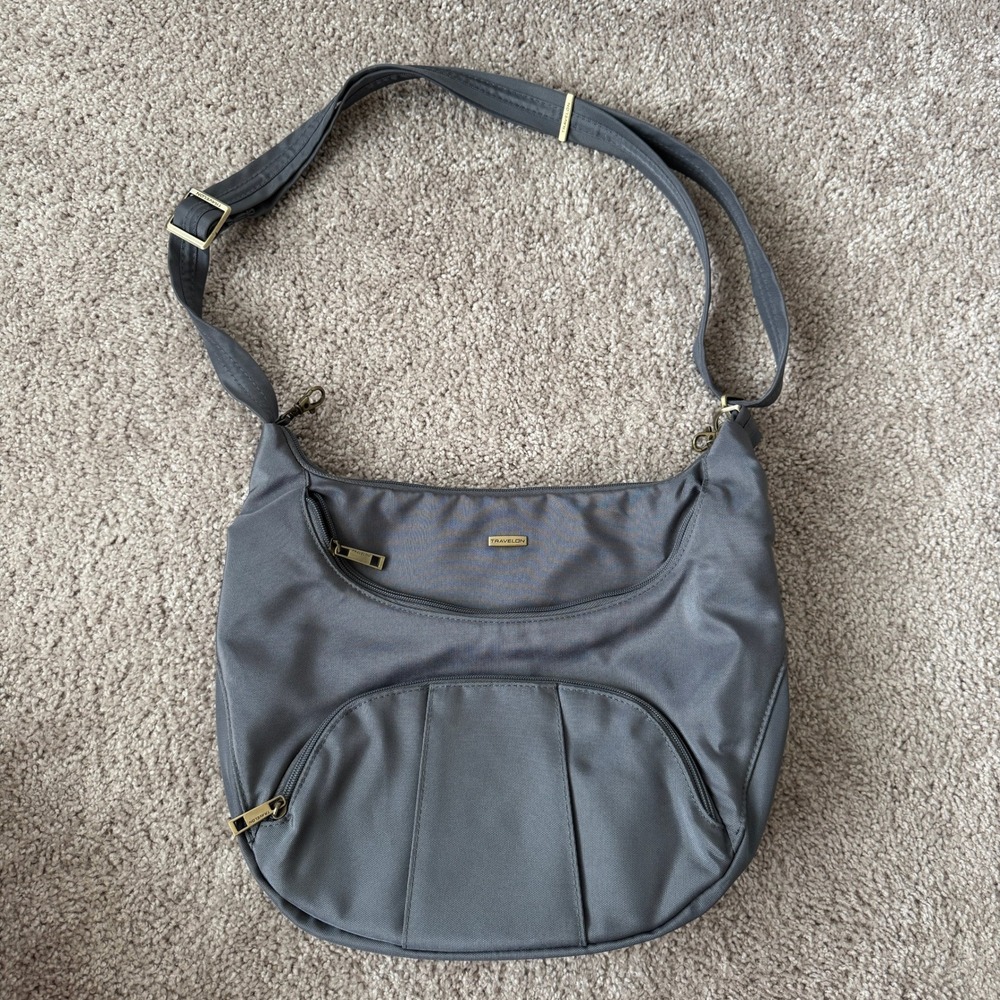 Travelon Anti-Theft Crossbody Hobo Bag Wallet Gray RFID Blocking Nylon Travel